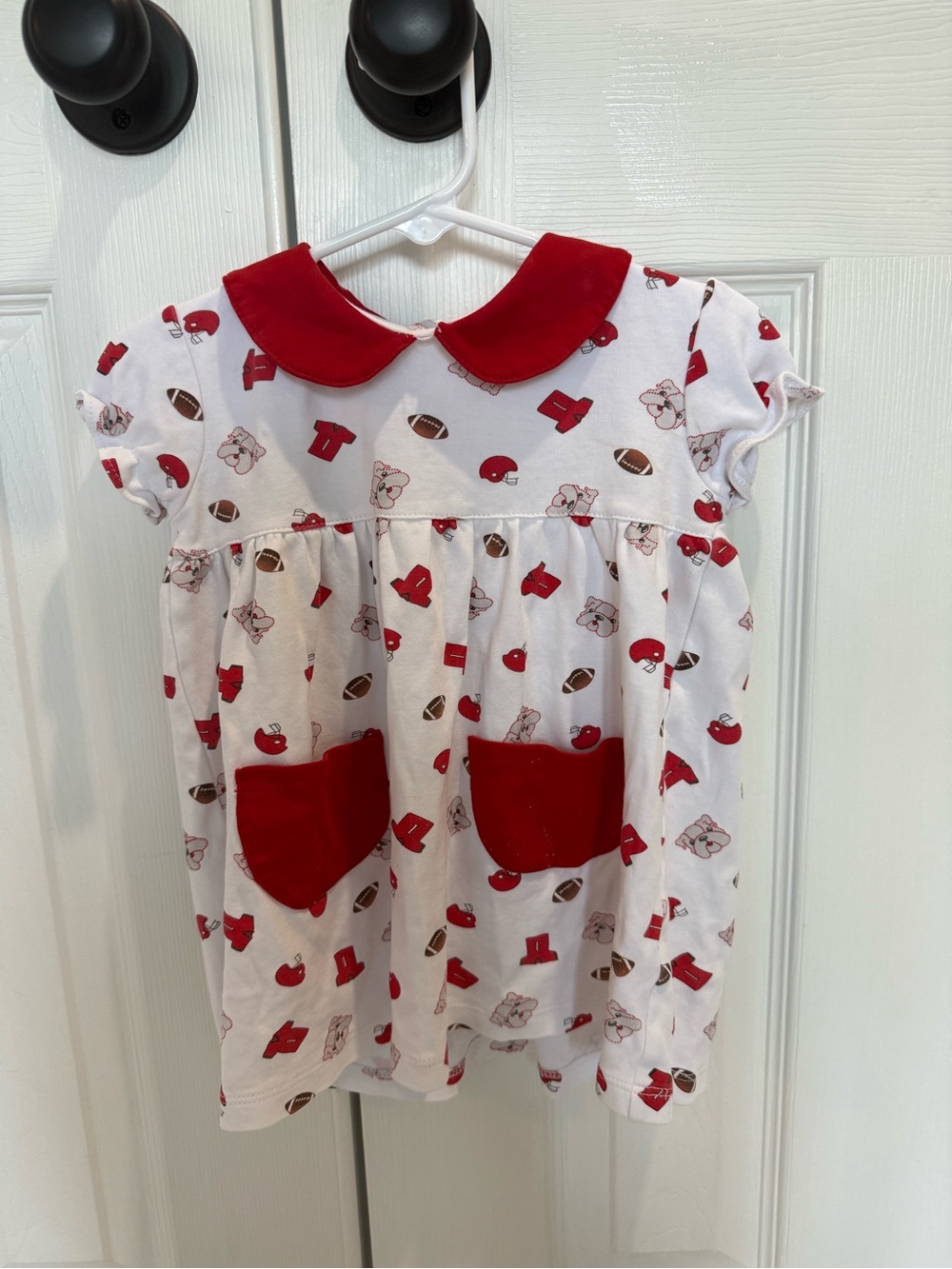 Girls' White Dress with Red Collar & Football Print